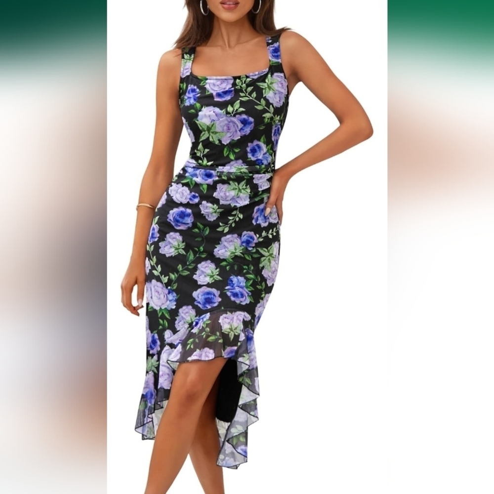 MEROKEETY Floral Midi Bodycon Dress Square Neck Sleeveless Ruffle Hem Black XL